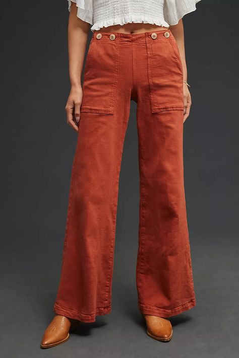 The Kit High-Rise Wide-Leg Utility Trousers by Pilcro | Anthropologie Lavender Pants, Utility Trousers, White Pants Women, Leopard Pants, Culotte Pants, Tuxedo Style, The Kit, High Rise Denim, Denim Flares