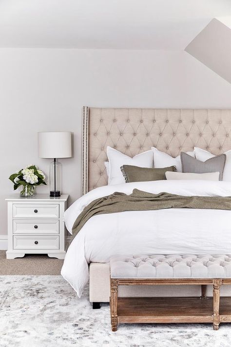 A grand Hamptons new build brings east coast style to rural Sydney | Home Beautiful Hamptons Style Bedrooms, Hamptons Bedroom, Hamptons Style Decor, Coastal Style Bedroom, Glass Bedside Lamps, East Coast Style, Provincial Home, Classic Coastal, Coast Style