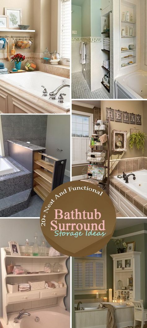 Neat And Functional Bathtub Surround Storage Ideas. Bathroom Tub Storage Ideas, Boxed In Bathtub, Garden Tub Storage Ideas, Garden Tub Organization Ideas, Shelving Around Bathtub, Built In Bathtub Shelves, Shelving Over Bathtub, Bathtub Storage Ideas Shower Tub, Bath Tub Storage Ideas