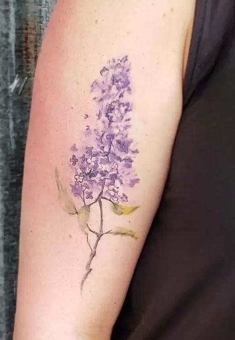 Tattoo Ideas Lilacs, Delicate Lilac Tattoo, Peony And Lilac Tattoo, Lilac Stamp Tattoo, Lilac Back Tattoo, Lilac Tattoos For Women, Lilac Spine Tattoo, Lilac Tree Tattoo, Lilac Bush Tattoo