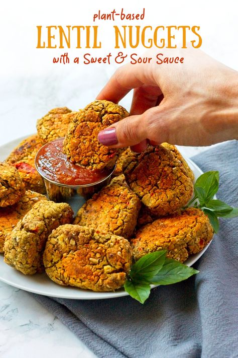 Plant-Based Lentil Nuggets with Sweet & Sour Sauce Lentil Nuggets, Lentil Tofu, Tofu Nuggets, Sweet Sour Sauce, Easy Freezer Meals, Lentil Recipes, Red Lentil, Vegan Dishes, Vegan Dinners