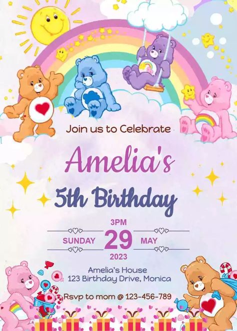 Care Bear Birthday Invitations Carebear Birthday Party Invitations, Care Bears Birthday Invitations, Care Bear Gender Reveal Invitations, Care Bear Party Invitations, Care Bears 2nd Birthday Party, Carebear Invitation Template, Carebear Invitation, Care Bear Birthday Invitations, Care Bears Invitations Template