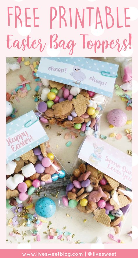 FREE Easter Bag Toppers! | Easter is just around the corner - can you believe it?? We've created these darling Easter bag toppers for you! Fill up bags with our yummy Bunny Bait Trail Mix & top off with these bag toppers for the sweetest Easter basket treat! Sign up for our newsletter to receive this adorable freebie. ||  Live Sweet @livesweet Easter Bag Toppers, Bunny Bait, Easter Egg Holder, Easter Treat Bags, Easter Snacks, Easter 2021, Easter Bags, Easter Printables Free, Some Bunny Loves You