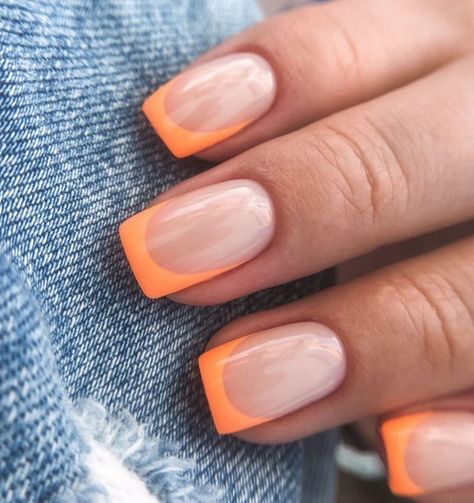 Orange French Nails Square, Orange French Tip Square, Orange French Nails, Orange French Tip, Squoval Acrylic Nails, Salon Tips, Orange Tips, Short Round Nails, Orange Nail Designs