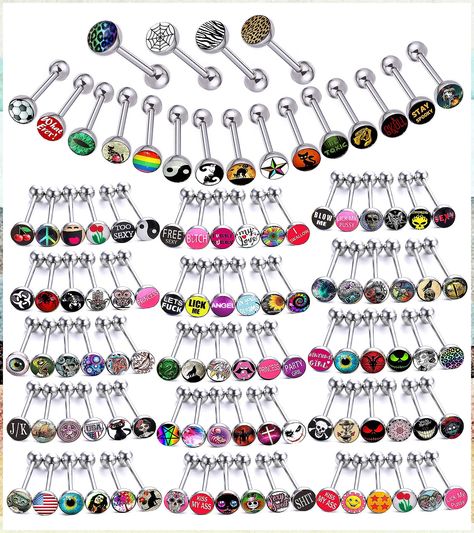 Lot of Surgical Steel Metal Tongue Rings Barbells Tongue Piercing Bar Nasty Wordings Picture Logo Signs 14g - Length 5/8" or Tongue Piercing Bars, Cute Tongue Piercing, Tongue Piercing Jewelry, Tongue Bars, Piercing Bar, Glam Wedding Makeup, Barbell Piercing, Cool Piercings, Cute Piercings