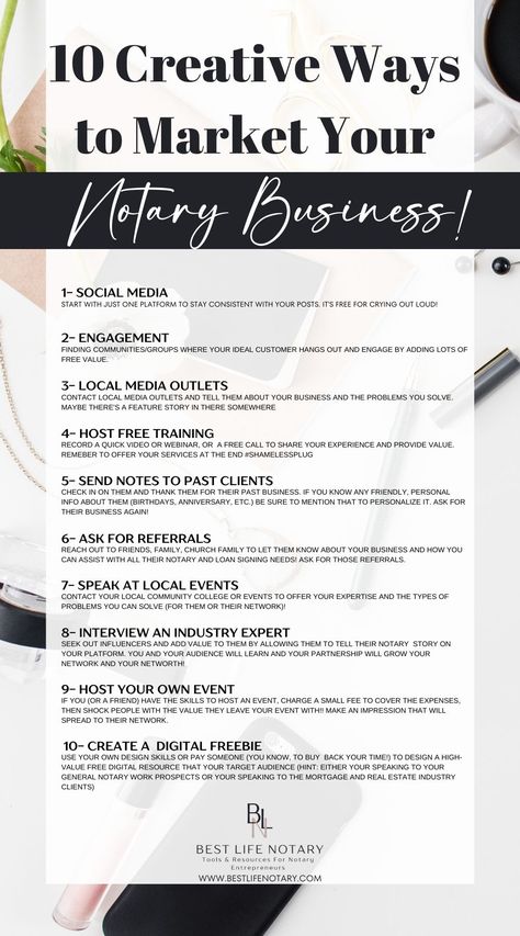 This is a great list of free or low-cost ideas for marketing your notary business. Whether you do general notary work or specialize in loan closings, these 10 ideas to market your notary business will help you get ahead of your competition and stand out in unique ways! Pin and share with your fellow notaries. BestLifeNotary is on Etsy and on Zazzle with EVERYTHING a notary entrepreneur needs: Notary marketing and branding templates, business cards, ID badges, office supplies, and much more! Notary Office Decor, Notary Business Cards, Online Notary, Notary Office, Notary Marketing, Notary Supplies, Become A Notary, Notary Public Business, Pricing Formula