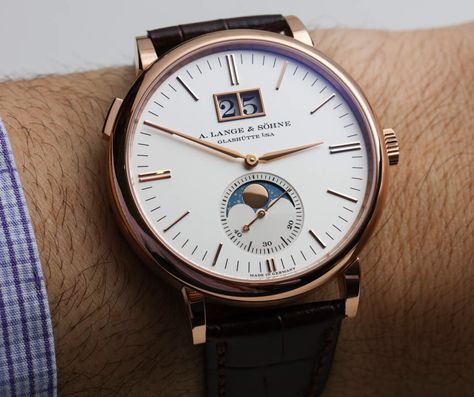 A Lange & Söhne Saxonia Moonphase. ~$28k Photo courtesy of ABlogtoWatch. A Lange Sohne, Price Background, Mens Fashion Watches, Wedding Suits Men, Beautiful Watches, Swiss Watches, Watch Collection, Moon Phases, Cool Watches