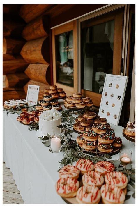 Wedding Donut Bar, Donut Bar Wedding, Donut Display, Outdoor Bars, Wedding Snacks, Redwood Wedding, Small Backyard Wedding, Wedding Donuts, Dessert Bar Wedding