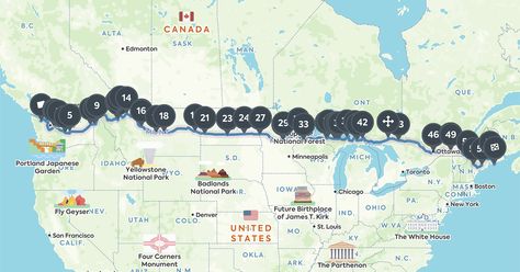 The Great Northern is a 3,600 mile, cross-country odyssey | Roadtrippers Cross Country Road Trip Routes, Usa Road Trip Map, Canadian Road Trip, California Roadtrip, Road Trip Map, Road Trip Places, Rv Campgrounds, Trip Destinations, Cross Country Trip