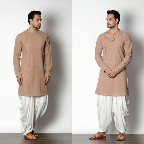 Dothi Kurta For Mens, Kurta For Dusky Men, Dhoti Mens Style, Kurta With Dhoti Pants For Men, Kurta And Dhoti For Men, Dhoti Outfit Men, Traditional Dhoti Kurta For Men, Lukhnowi Kurta For Men, Beige Kurta Men