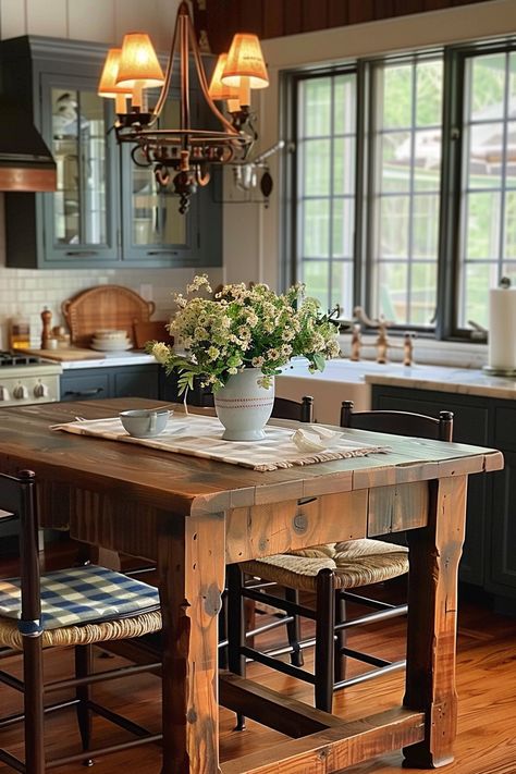 Gather in Style: Farmhouse Kitchen Island Table Ideas - Quiet Minimal Kitchen Table As An Island, Kitchen Table As Island, Drapers Table Kitchen Island, Kitchen With Table Instead Of Island, Kitchen Table In Kitchen, Timeless Farmhouse Kitchen, Kitchen Island Table Ideas, Island Table Ideas, Table In Kitchen