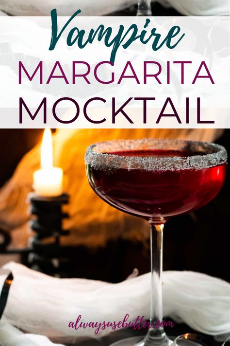 This Vampire Margarita Mocktail is the perfect non-alcoholic drink. With it's deep red color and ashy rim, it looks like exactly what a vampire would drink! It has an earthy, salty, spicy taste--just like a vampire's bite! Non Alcoholic Vampire Drinks, Red Non Alcoholic Drinks, Witchy Mock Tails, Vampire Margarita, Red Drinks Non Alcoholic, Red Mocktails Non Alcoholic, Vampire Recipes, Vampire Cocktails, Twilight Cocktails