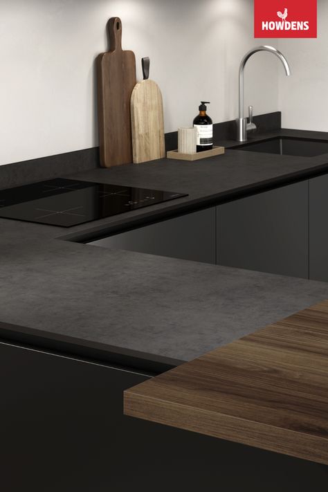 Black Kitchen With Wooden Worktop, Kitchen Colour Black Worktop, Grey Kitchen Black Worktop, Black Worktop Kitchen, Dark Oak Kitchen Worktops, Kitchen Upstand, Black Sink Oak Worktop, Downlights Kitchen, Black Kitchen Inspiration