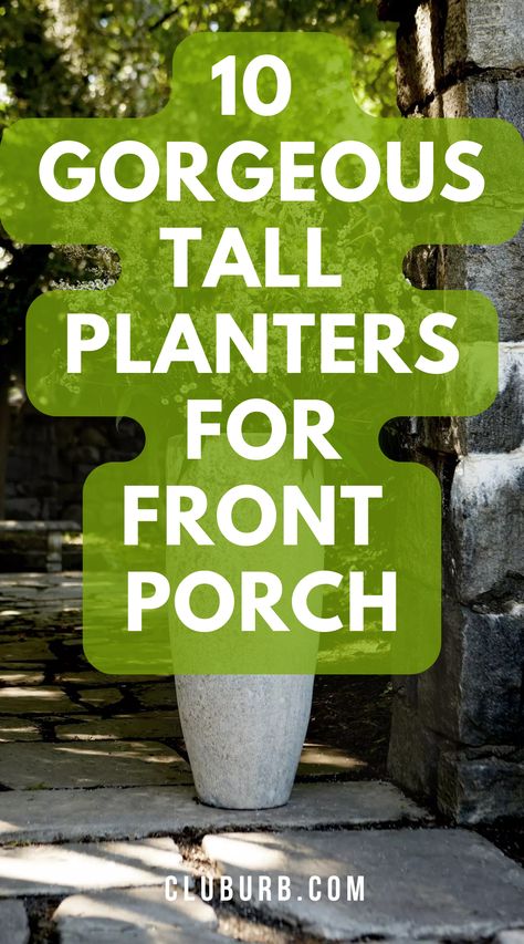 Summer is the perfect time to spruce up your front porch with tall planters! Elevate your front door inspiration with these trendy tall planters that add a touch of elegance to your outdoor space. Embrace summer front porch decor with lush greenery and colorful blooms in these stylish planters. #SummerDecor #FrontPorchInspiration #TallPlanters #OutdoorDecor Front Yard Flower Pots Curb Appeal, Plant Pots Outside Front Door, Front Porch Plants Shade, Front Porch Double Door Decor Ideas, Front Porch Planter Ideas Entrance Flower Pots, Large Planters Outdoor Ideas, Planters In Front Of House, Large Outdoor Planter Ideas, Planters For Front Porch Entrance