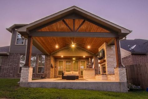 Gable Patio, Cabin Backyard, Patio Ceiling, Moody Farmhouse, Concrete Outdoor Kitchen, Patio Addition, Backyard Covered Patios, Covered Patio Design, Patio Remodel