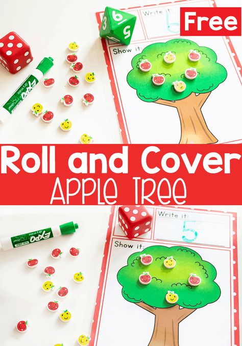 This apple tree roll and count fall math activity is a great way to work on number recognition and counting with your preschoolers and kindergarteners! #freeprintable #falltheme #appleseverywhere #appletheme #preschool #kindergarten #mathprintable Apple Tree Template, Apple Math Kindergarten, Apple Math Games, Apple Activities Kindergarten, Apple Study, Learning Tricks, Fall Math Activities, Apple Crafts, Apple Lessons