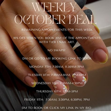 ✨💷WEEKLY DEALS!💷✨ This week it’s all things nail art! Swipe to see what Tier 1 includes, if you are not sure please do just ask! Rules: - No Swaps! If you are booked in you won’t be able to switch your appointment for this deal - Booking Fee is still required when book with the deal - Policies still apply to Weekly Deal bookings - New clients are welcome! - If you have an appointment booked you can book again with a different service, I.E you got nails booked but would like a pedicure!... Got Nails, Tier 1, Appointment Book, New Clients, Get Nails, The Deal, Nail Art, How To Apply, Nails