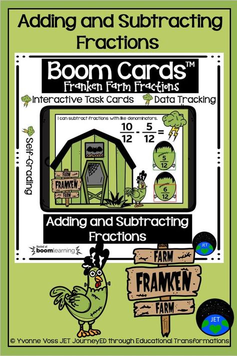 Do you need a fun Halloween Activity? This set of 30 digital interactive task cards on the BOOM Learning™ website provides students practice with adding and subtracting fractions with like denominators. This set is aligned with the Common Core math standard 4.NF.B.3c. Grab this deck here for some fun Franken Farm Fraction learning! Adding Fractions, Math Activities Elementary, Adding And Subtracting Fractions, Subtracting Fractions, Holiday Lessons, Halloween Activity, Third Grade Classroom, Adding And Subtracting, Common Core Math