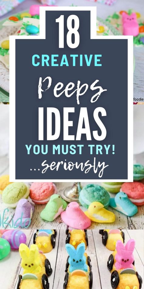 Get inspired by these fun Peeps ideas for decorating, creative foods, and party ideas! Get festive with it and add them desserts, snacks, and even drinks! #peeps #easter #desserts #crafts #marshmallow #recipes #peepscrafts Peeps Ideas For Easter, Easter Crafts With Peeps, Peeps Jello Mold, Peep Recipes Ideas, Peep Houses Easter, Peeps Recipes Desserts, Easter Food Activities, Peep Art Project, Peeps Houses For Easter