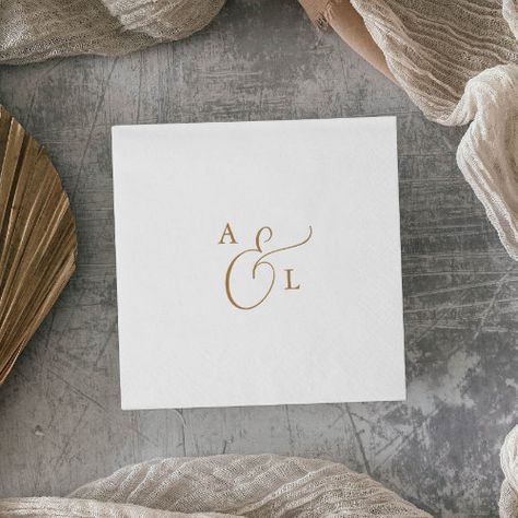 Elegant Gold Script Monogram Wedding Napkins Summer Craft - modern rehearsal dinner beverage, elegant monogrammed engagement party, simple monogram wedding reception cake, boho bride and groom initials, winter mid century simplistic lettering, spring summer fancy typography k700, classy romantic fall autumn unique, minimal pretty whimsical fairytale font, minimalist unique glam luxury script, classic yellow gold white calligraphy Engagement Dinner Decorations, Engagement Party Simple, Fairytale Font, Fancy Typography, Boho Bride And Groom, Modern Rehearsal Dinner, Napkins Wedding Table, Cake Boho, Romantic Typography