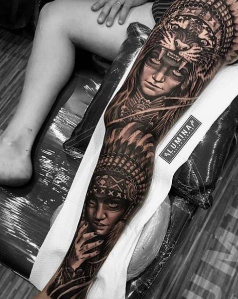 Indian Leg Tattoo Men, Indian Leg Tattoo, Native American Leg Sleeve, Full Leg Tattoo, Shen Long Tattoo, Tattoo Ideas Female Sleeve, Headdress Tattoo, Tattoo Pierna, 42 Tattoo