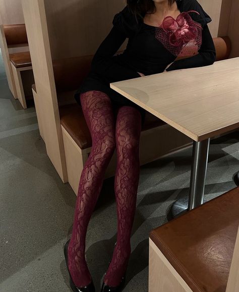 Dark Lace Outfit, Eras Outfit Ideas Midnights, Tights With Dress Outfit, Black Floral Tights Outfit, Dark Lovecore Aesthetic Outfit, Lace Tights Outfits, Red Lace Tights, Burgundy Stockings Outfits, Cool Tights Outfits