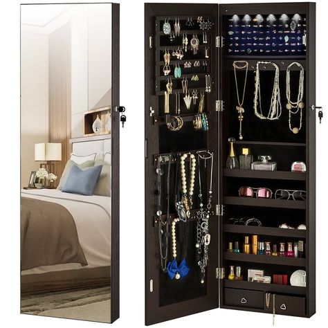 Latitude Run® Grishilde 14.6'' Wide Wall Mounted Jewelry Armoire with Mirror & Reviews | Wayfair Mirror Armoire, Mirror Jewelry Cabinet, Armoire With Mirror, Wall Mounted Jewelry Armoire, Armoire Cabinet, Mirror Full Length, Mirrored Armoire, Computer Desks For Home, Mirror Jewelry