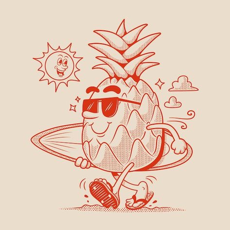 Pineapple Character, Retro Mascot, Pineapple Illustration, Pineapple Vector, Island Tattoo, Inspiration Logo Design, Beer Art, Summer Cartoon, Summer Illustration