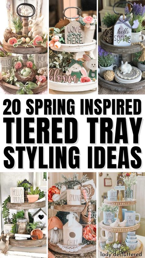 20 Spring INspired Tiered Tray Styling Ideas Farmhouse Tier Tray Decor, Spring Themed Tiered Tray, Spring 3 Tiered Tray Ideas, Easter Trays Ideas, How To Decorate 3 Tiered Tray, Spring Theme Decor, Themed Tiered Tray Decor, Decorate Tiered Tray, Two Tier Stand Decor Ideas