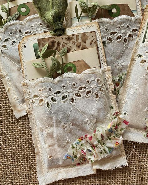 Have sewn some pocket tags where I have used vintage flashcards and lace fabric and then filled them with vintage and coffeedyed papers. I… | Instagram Pocket Tags, Handmade Journals Diy, Home Environment, Scrap Fabric Crafts, Diy Journal Books, Fabric Journals, Vintage Junk, Vintage Junk Journal, Handmade Tags