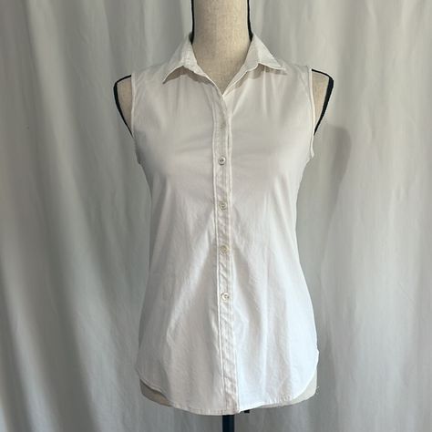 Theory Size Small White Sleeveless Button Up Collared Blouse Shirt Sleeveless Button Up, Sleeveless Button Down Shirt Outfit, Oc Accessories, White Button Up Dress, Sleeveless Button Up Shirt, Cosplay Inspiration, White Sleeveless Top, Collared Blouse, Interactive Stories