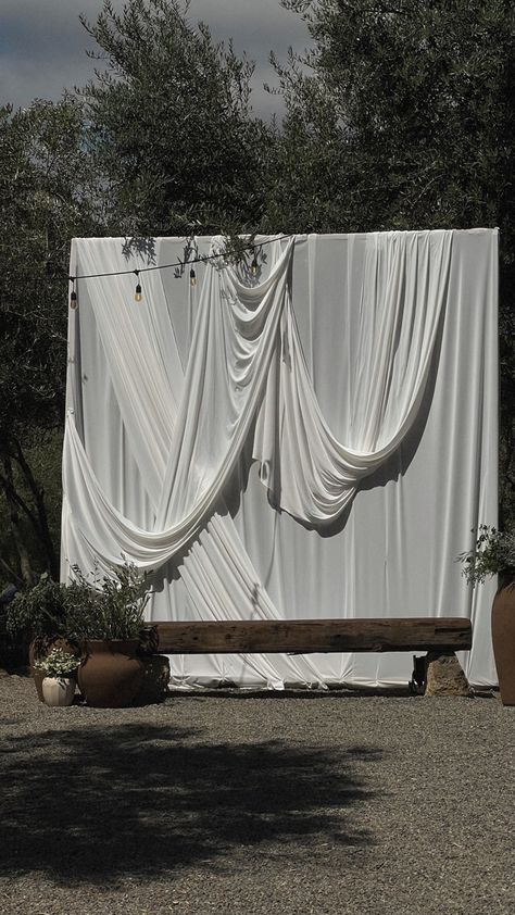 Draped Ceremony Backdrop, Unique Wedding Altar Ideas, Draping Ceiling, Draped Ceiling Wedding, Textured Backdrop, Draped Backdrop, Wedding Ceremony Drapery, Wedding Welcome Sign With Drape, White Drapes Wedding Ceremony Backdrop