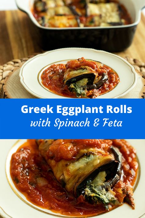 These Eggplant rolls are filled with a creamy spinach and feta greek-style filling. They're vegetarian and keto! The perfect vegetarian main course entree! Stuffed Eggplant Rolls, Greek Eggplant, Bbq Lunch, Eggplant Rolls, Eggplant Recipes Easy, Greek Recipes Authentic, Stuffed Eggplant, Greek Chicken Recipes, Vegetarian Main Course