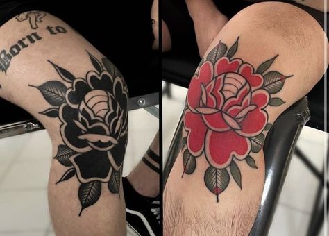 Red Rose Leg Tattoo, Peony Knee Tattoo Traditional, Black Rose Knee Tattoo, Black And Red Traditional Tattoo Sleeve, Traditional Rose Knee Tattoo, Red And Black Traditional Tattoo, Black And Red Traditional Tattoo, Black And Red Flower Tattoo, Peony Knee Tattoo