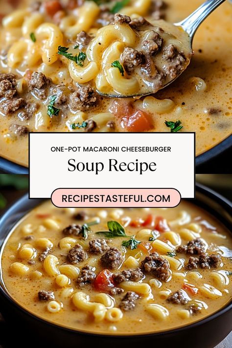 This One-Pot Macaroni Cheeseburger Soup is a hearty, comforting dish that combines all the flavors of a cheeseburger in a creamy, savory soup. Ground beef, macaroni, vegetables, and melted cheese come together in a single pot for an easy, satisfying meal. Perfect for busy weeknights or chilly days, this soup is rich, filling, and sure to please the whole family. Plus, cleanup is a breeze with just one pot to wash! One Pot Macaroni Cheeseburger Soup, Cheeseburger Macaroni Soup, Macaroni Soup Recipes, Cheeseburger Macaroni, Macaroni Soup, Cheese Burger Soup Recipes, Soup Ingredients, Cheeseburger Soup, Elbow Macaroni