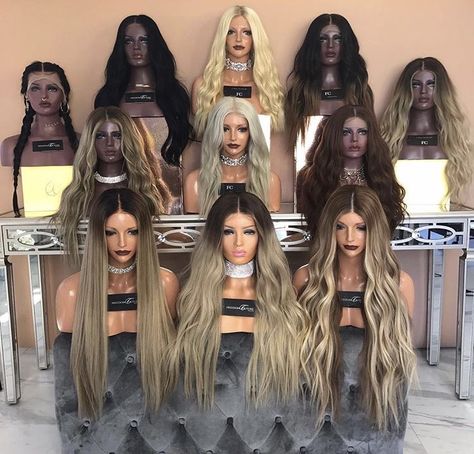 Wig Walls, Wig Studio Decor, Afro Aesthetic, Blonde Hair With Roots, Blonde Wigs, Hair Boutique, Salon Suites, Hair Stylies, Studio Room