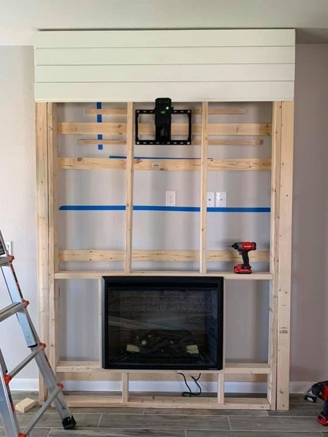 Shiplap Fireplace Wall Diy, Shiplap Wall Fireplace With Tv, Fireplace Basement, Diy Shiplap Fireplace, Bedroom Decoration Ideas, Basement Fireplace, Fake Fireplace, Built In Electric Fireplace, Faux Fireplace Diy