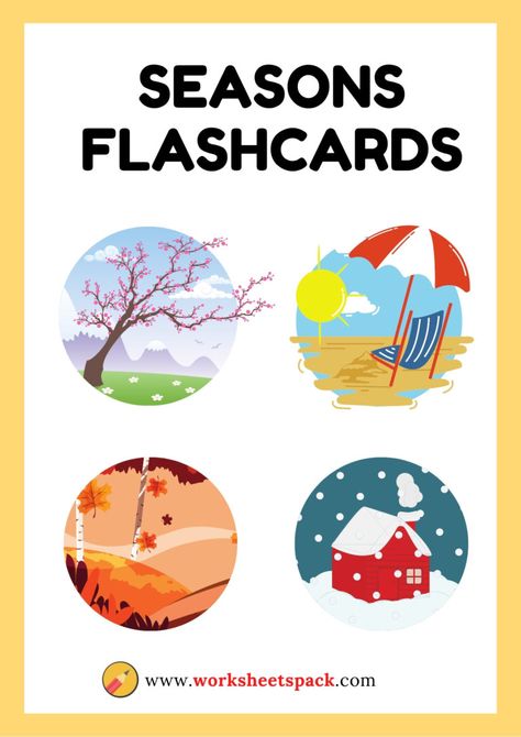 Flashcards - Printable and Online Worksheets Pack Seasons Flashcards Free Printable, 4 Seasons Worksheets For Kids, Seasons Flashcards, Flashcards For Kindergarten, Esl Flashcards, Food Flashcards, Seasons Chart, Seasons Worksheets, Flashcards For Toddlers