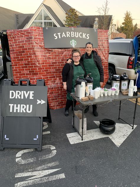 Trunk or Treat at our preschool. We did Starbucks drive thru theme. Starbucks Truck Or Treat, Starbucks Trunk Or Treat Ideas, Starbucks Decor, Starbucks Drive Thru, Backyard Halloween Party, Halloween Car Decorations, School Fall Festival, Starbucks Party, Starbucks Halloween