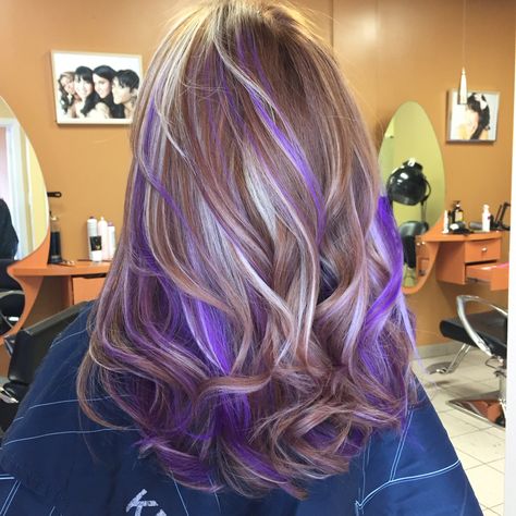 Pravana purple highlights                                                                                                                                                      More Purple Hair Streaks, Purple Blonde Hair, Purple Hair Highlights, Peekaboo Hair, Violet Hair, Purple Highlights, Hair Streaks, Hair Color Purple, Hair Color Highlights