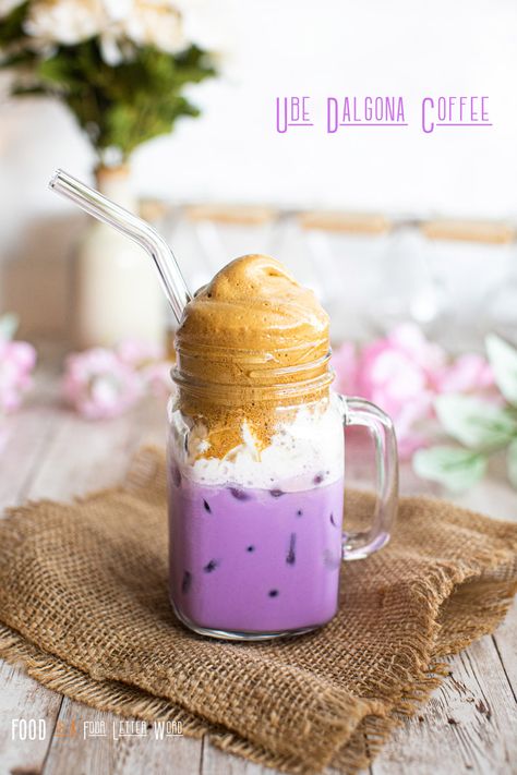 Ube Dalgona Whipped Coffee Recipe – FOOD is Four Letter Word Peanut Butter Cold Brew, Ube Butter Mochi, Ube Butter, Butter Mochi Recipe, Brew Coffee Recipe, Whipped Coffee Recipe, Ube Recipes, Korean Drinks, Butter Mochi