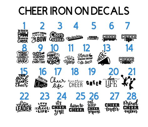 Iron-on decals.  Choose  color and size of the decal you want. Exact dimensions vary by design. Your decal will be made with the longest size as what you order.   Need a decal for a hard surface  (cups, planners, folders, windshields, mirrors, etc...)instead of iron ons?  I can do those, too! Message me for colors available! PHRASE SIZING RECOMMENDATIONS:  *measuring your item will give you best idea of your sizing needs* Easy iron-on application. Directions will be sent with your item, along with care instructions.  PROCESSING & SHIPPING:  Shipping is free in the U.S. If you would like to ship internationally, I charge $4 Processing time is 3-5 business days. Please be patient during busy times with USPS. I have no control on how long shipping time takes but you can typically expect your Cheer Games, Reading Review, Cheer Coach, Homecoming Mums Diy, Cheer Coaches, Cheer Quotes, Cheer Mom, Shipping Labels, Silhouette Cameo Projects