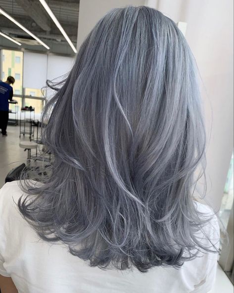 Bluish Gray Hair Color, Blueish Gray Hair Color, Bluish Gray Hair, Ash Blue Hair Color, Greyish Blue Hair, Grey Hair Aesthetic, Steel Blue Hair, Ashy Blue Hair, Blue Gray Hair