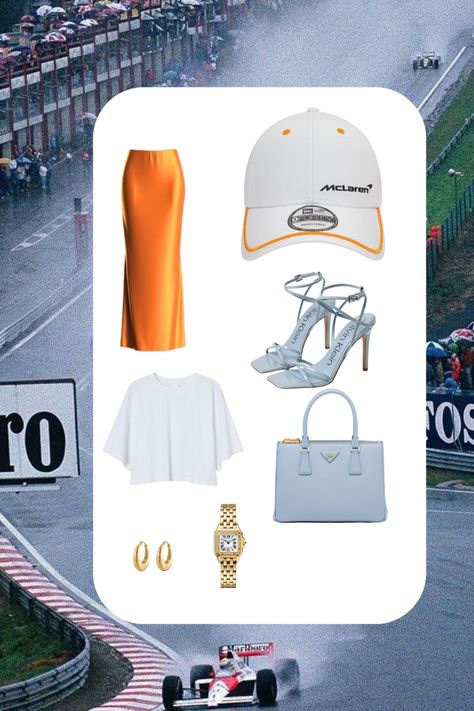 Mclaren Jacket Outfit, Mclaren Outfit Ideas, F1 Wag Outfit Ideas, F1 Outfit For Women Mclaren, F1 Wags Outfits Ideas, Mclaren F1 Outfit, Mclaren Outfit Women, Mclaren Clothes, Grand Prix Outfit Women