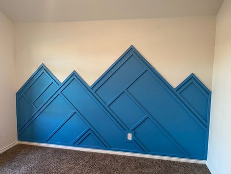 Master Bed Wall Art, Accent Mountain Wall, Mountain Feature Wall, Boys Room Accent Wall Ideas, Green Mountain Accent Wall, Mountain Accent Wall Nursery, Mountain Trim Accent Wall, Mountain Accent Wall Wood, Triangle Accent Wall