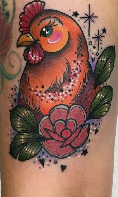 Hen Tattoo Chicken, Watercolor Chicken Tattoo, Hen Tattoo Designs, American Traditional Goose Tattoo, Mother Hen Tattoo, Traditional Chicken Tattoo, Chicken Tattoos For Women, American Traditional Animal Tattoo, Chicken Tattoo Ideas