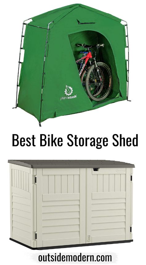 Outside Bicycle Storage Ideas, Carport Bike Storage, Vertical Bike Shed, Electric Bike Storage, Outdoor Bicycle Storage, Storage Shed Ideas, Bike Storage Shed, Garden Bike Storage, Bicycle Storage Shed