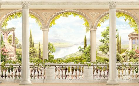 Ancient Greek Garden Wallpaper. Ancient Columns Lake and - Etsy Chain Photography, Summer Backdrop, Greek Garden, Backdrop Arch, Balcony View, View Wallpaper, Matte Fabric, Studio Props, Photography Pricing