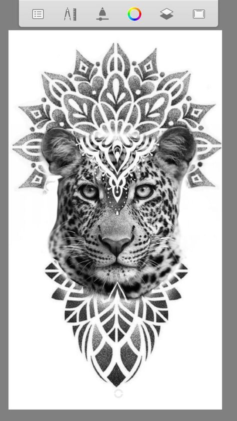 Leopard Mandala Tattoo Design, Mandala With Animal Tattoo, Leopard Head Tattoo, Animal Print Tattoo, Geometric Tattoo Sleeve Designs, Animal Tattoos For Women, Big Cat Tattoo, Jaguar Tattoo, Buddha Tattoo Design