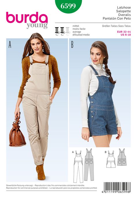 Burda 6599  sewing pattern Dungarees Pattern, Dungaree Pattern, Burda Sewing Patterns, Burda Patterns, Jumpsuit Pattern, Womens Sewing Patterns, Burda Style, Fashion Sewing Pattern, Overalls Women